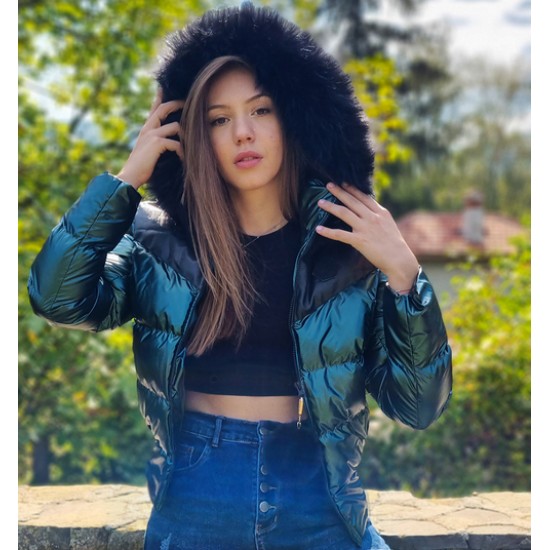 Дамско пухено яке с качулка, City Angels Jeans, тъмнозелен лак, 6827